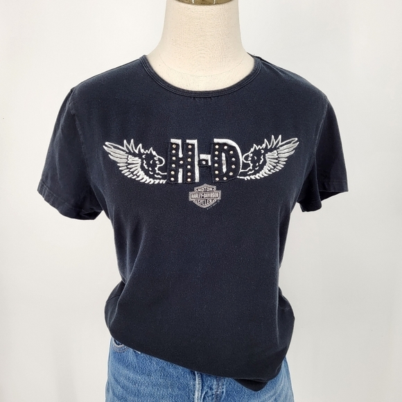 Harley Davidson Baby Tee Short Sleeve Angel Wings Studded Black Large - Picture 5 of 5